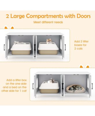 Cat Litter Box Enclosure for 2 Cats w/ Double Rooms Wooden Cat Washroom Cabinet