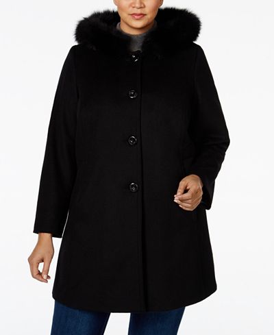 Forecaster Plus Size Fox-Fur-Trim A-Line Hooded Coat, Only at Macy's