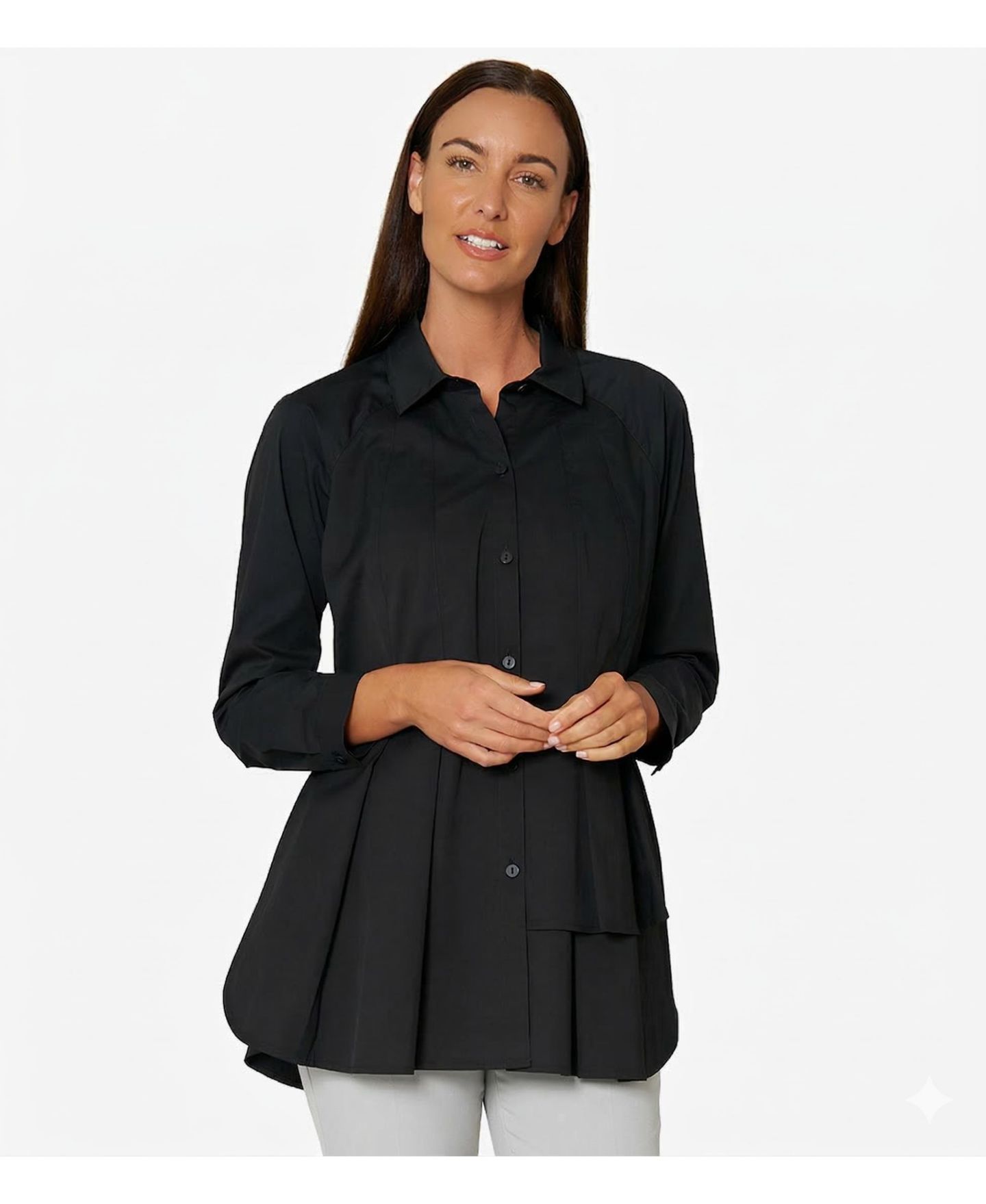 Женская рубашка Stella Carakasi Asymmetrical Tier Collared Button-Front Shirt Top Sensation Tunic, цвет: Чёрный — фото 4