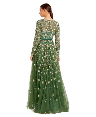 Women's Petite Embellished High Neck Long Sleeve A-Line Gown