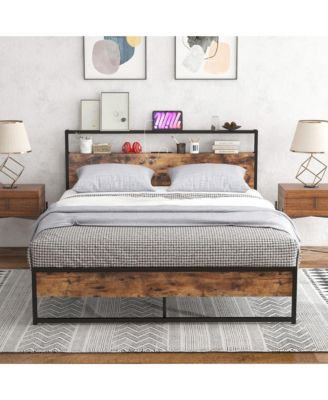 Industrial Platform Bed Frame with Charging Station Storage Headboard