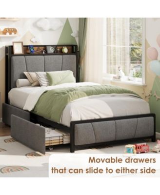  Bed Frame with 2 Drawers Charging Station Rustic Linen Upholstered No Box Spring Needed