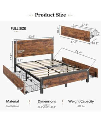 Full Wood Bed Frame with 4 Storage Drawers, Vintage Platform Bed with Metal Support, Wooden Headboard and Footboard, No Box Spring