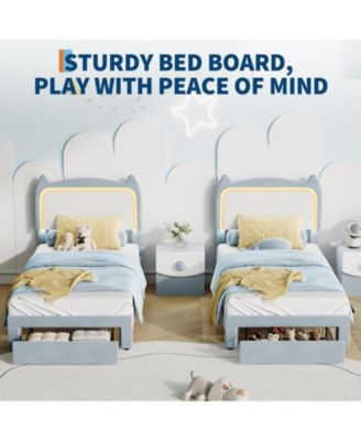 Twin Upholstered LED Bed Frame with Storage Drawer and Cat Headboard, Velvet Princess Platform Bed for Kids