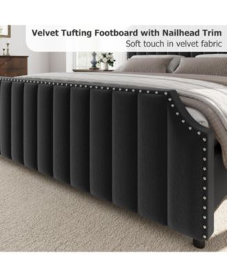 Velvet King Bed Frame, 50.2" Tall Channel-Tufted Headboard and Footboard, Nailhead Trim, Platform Design