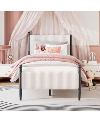 Twin Bed Frame with Velvet Headboard, Upholstered Corduroy Platform, Wood Slats Support