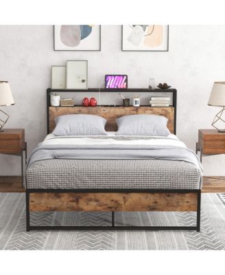 Industrial Platform Bed Frame with Charging Station Storage Headboard