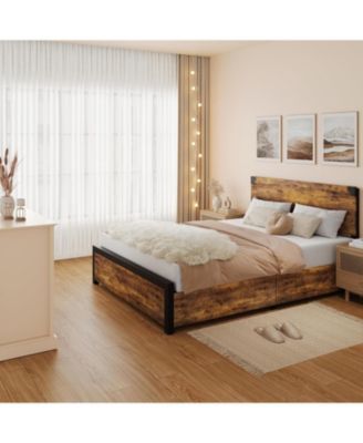 Wood Bed Frame with 4 Storage Drawers, Vintage Platform with Metal Support, Wooden Headboard and Footboard, No Box Spring