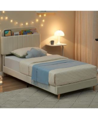 2 Twin Upholstered Bed Frames, Platform Beds with Bookcase Headboards, Velvet Mattress Foundation, Steel Support