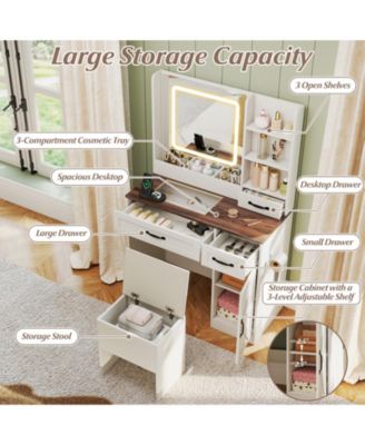 Farmhouse Vanity Desk with Mirror and Built In Lights