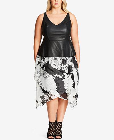City Chic Plus Size Printed Faux-Leather Fit & Flare Dress