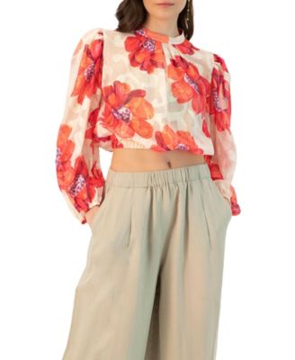 Women's Shimmering Printed Blouse with Pleated Round Neck