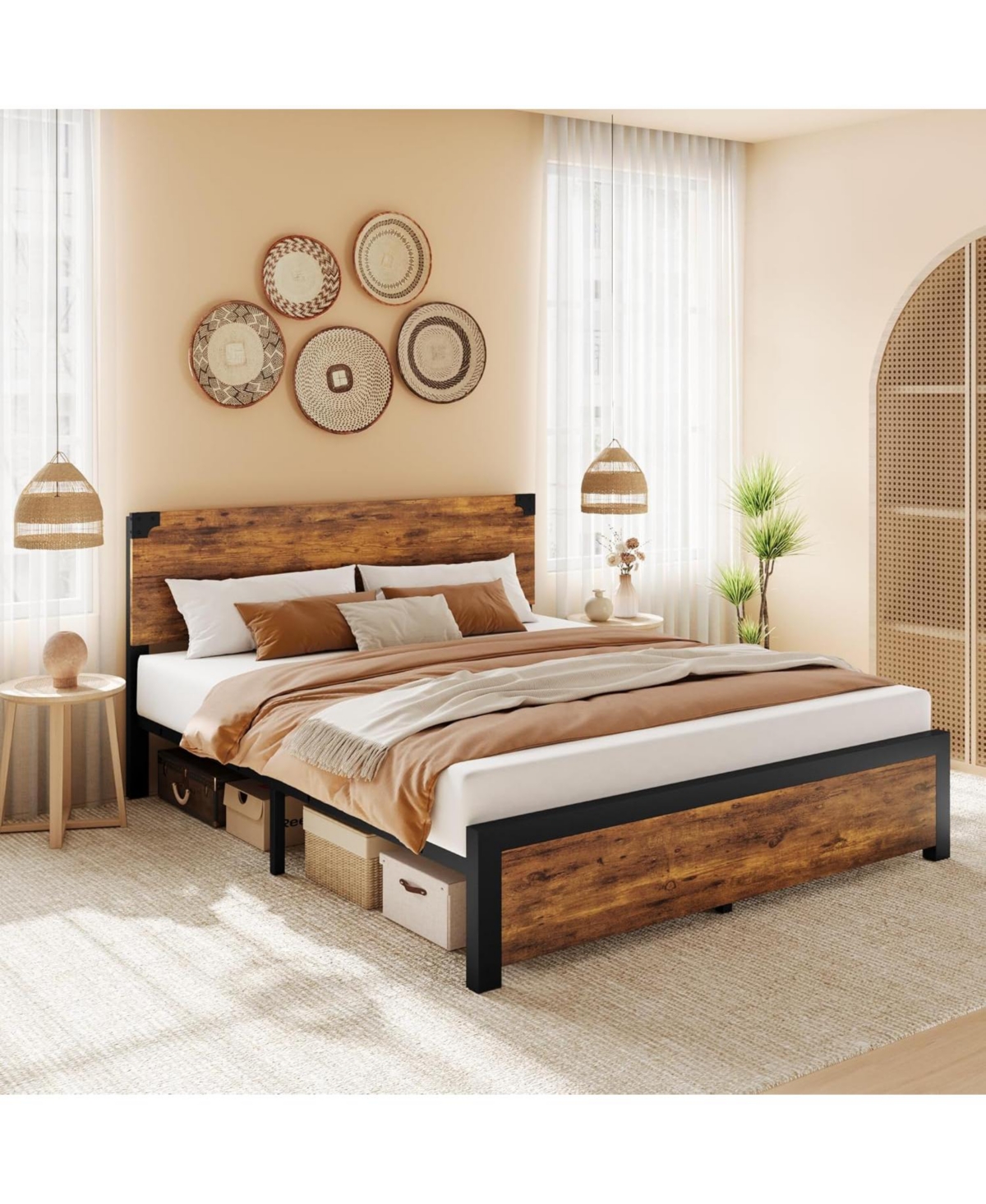 gaomon Platform Bed Frame with Wooden Headboard, Under-Bed Storage, Metal Legs, Noise-Free, No Box Spring, Easy Assembly