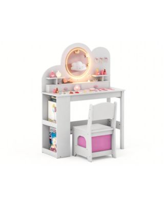 Kids Vanity Table and Chair Set with Lights Drawers Bookshelf