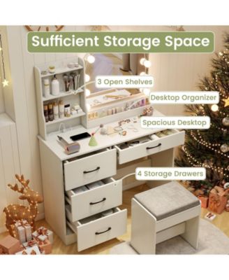 Makeup Vanity Desk and Stool Set with Mirror and Lights
