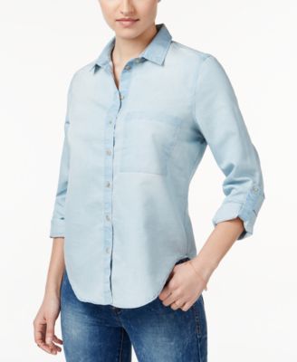 Polly & Esther - Juniors' Roll-Sleeve Button-Front Chambray Shirt