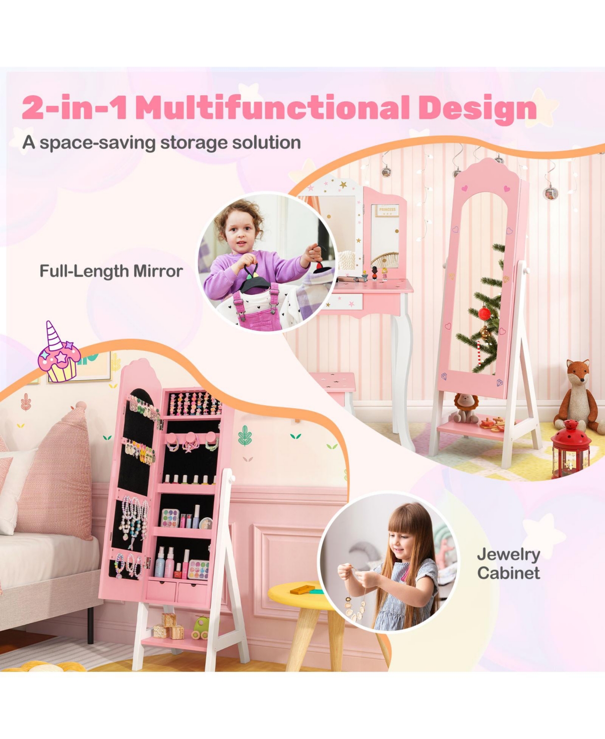 Sugift Two Piece Kids Vanity and Jewelry Armoire with Full Mirror