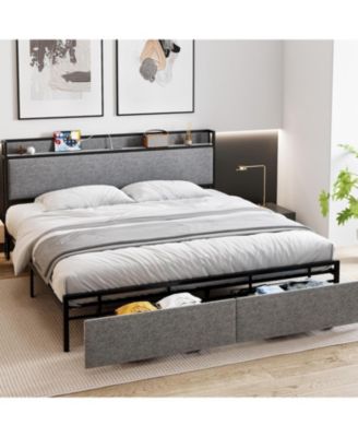 Platform Bed Frame with Storage Drawers and USB Ports, Upholstered Headboard, Sturdy, Noise-Free, No Box Spring Needed