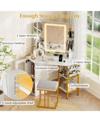 Corner Vanity Desk with Triple Mirror and Lights