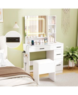 Dressing Desk with Adjustable Lighting and Hair Dryer Stand