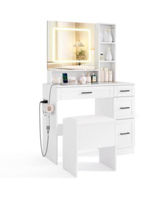 Dressing Desk with Adjustable Lighting and Hair Dryer Stand