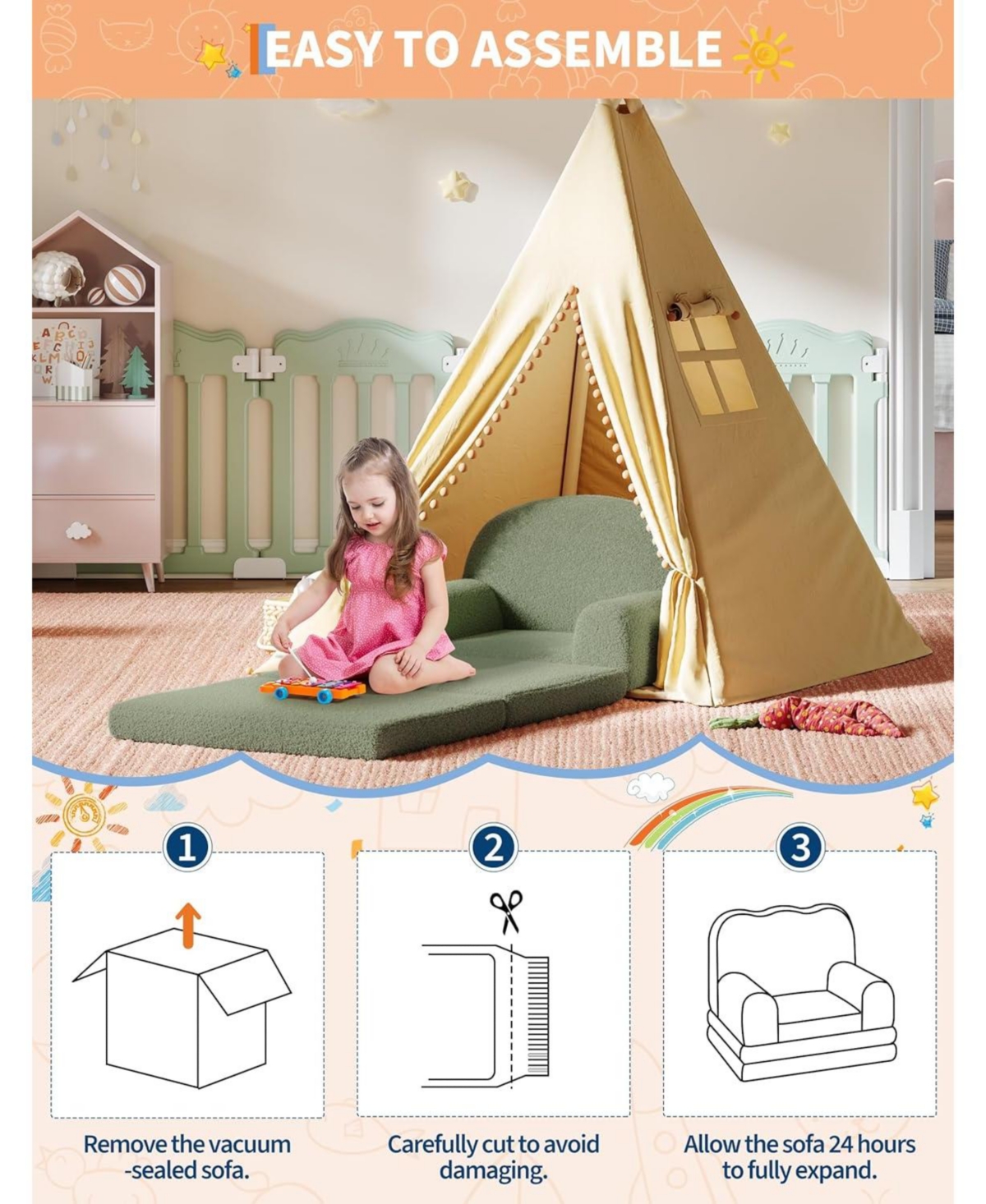 gaomon Kids Couch, 2-in-1 Comfy Toddler Couch Fold Out