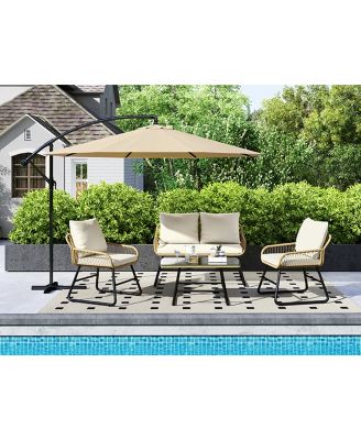 4-Piece Patio Furniture Conversation Set 1 Boho Table & 1 Loveseat & 2 Conversation Chairs, Tan/Cream