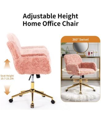 Faux Fur Home Office Chair, Adjustable Swivel Desk Chair, Upholstered Computer Chair with Wheels and Gold Base for Home Office