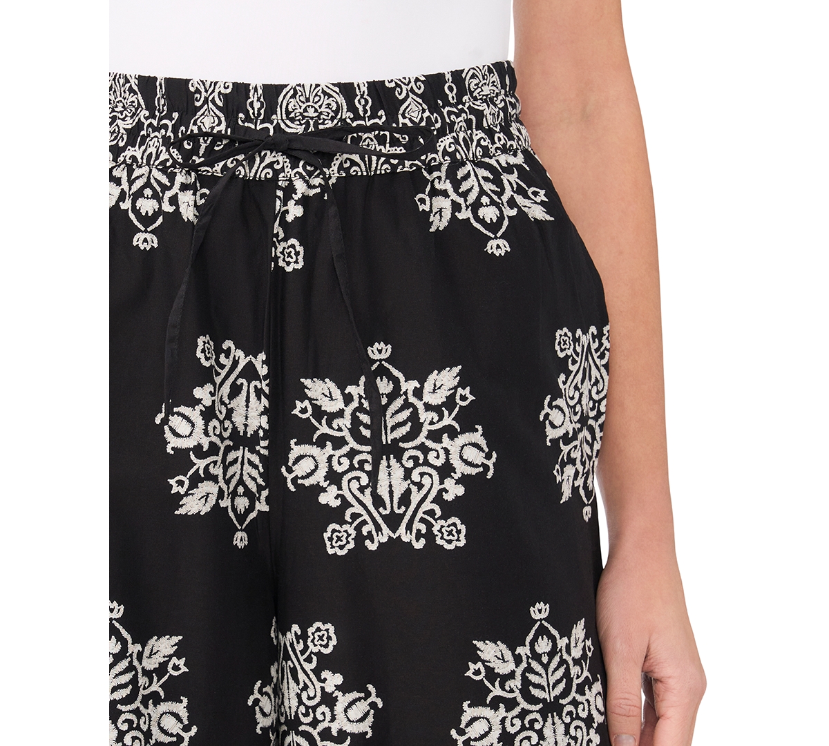 CeCe Women's Printed Wide-Leg Pull-On Cotton Pants