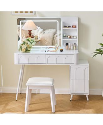 Modern Makeup Vanity Desk - 4 Drawer Dressing Table Set with Cushioned Stool, LED Lighted Mirror for Bedroom