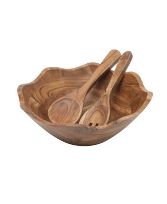 Sandhurst 3-Piece Acacia Wood Salad Bowl Set – 12-Inch Scalloped Serving Bowl with Wooden Salad Servers