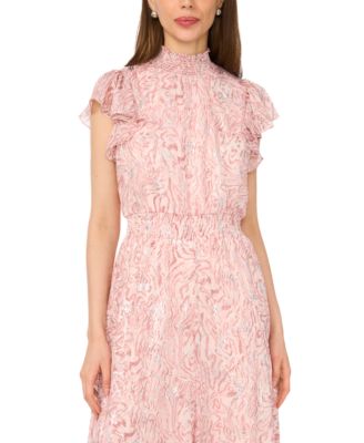 Women's Short-Sleeve Mock Neck Smocked Waist Jumpsuit