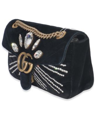 Black Velvet Crystal Embellished Medium GG Marmont Shoulder Bag