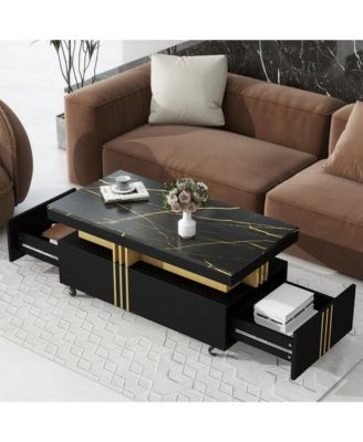 Coffee Table with Faux Marble Top, Rectangle Center Table with 2 Drawers and Caster Wheels for Living Room