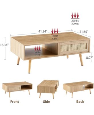 41.34" Rattan Coffee Table, Rectangle Wooden Center Tables with Sliding Door and Solid Wood Legs for Living Room, Home Office
