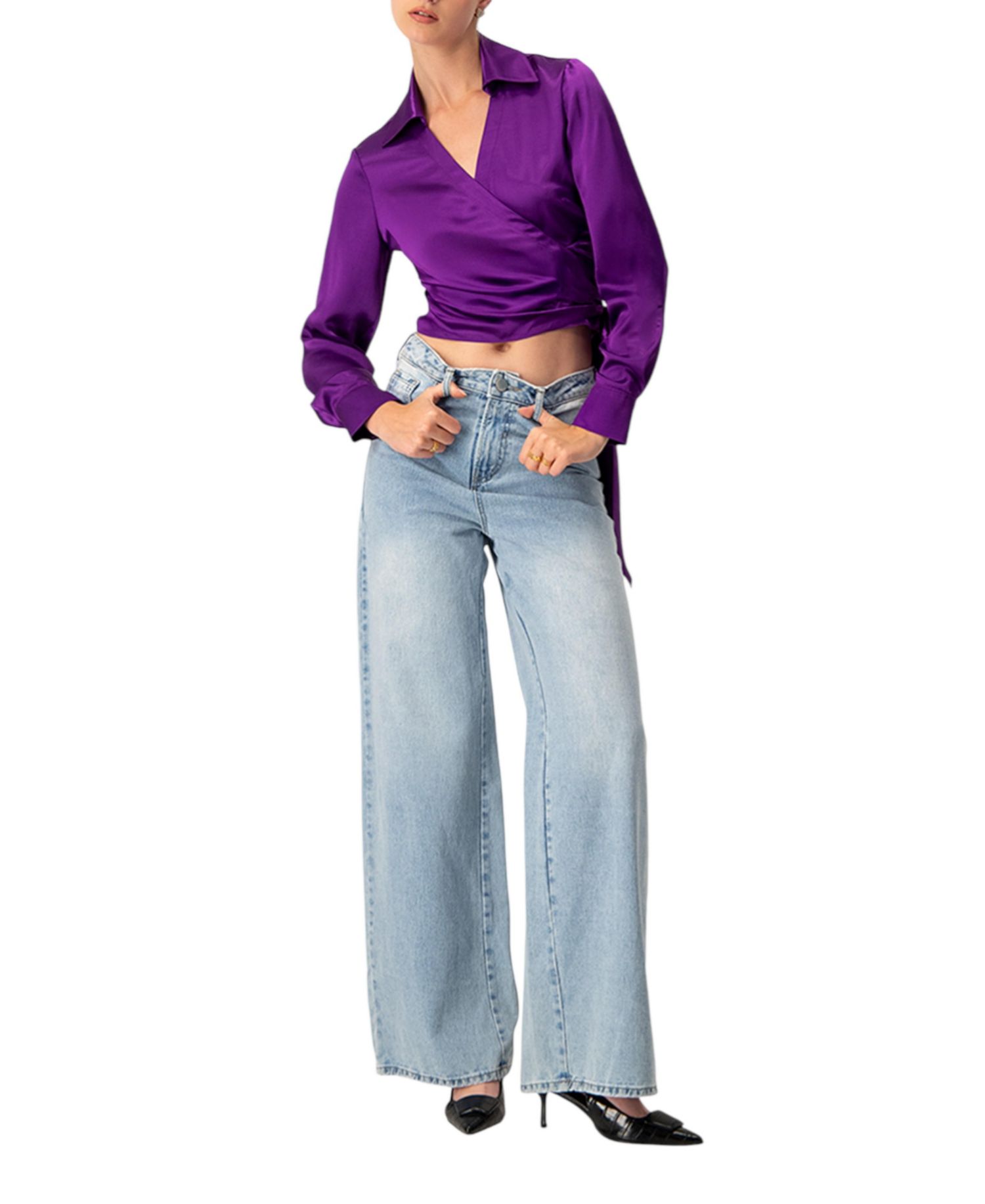Women's Wrap Satin Blouse with Tie Detail