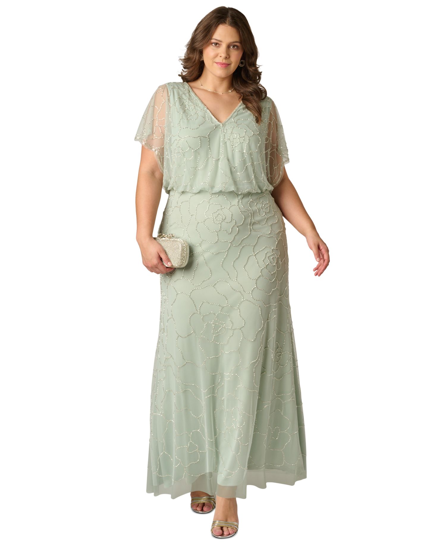 Plus Size Beaded Blouson-Sleeve Ball Gown
