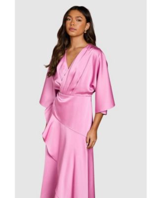 Women's Satin Back Crepe Ruffle Wrap Midi Dress