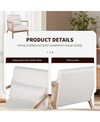 Mid Century Modern Accent Chair - Solid Wood Frame and Detachable Lumbar Pillow, Comfy Linen Armchair for Living Room