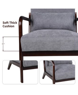Mid Century Modern Accent Chair - Solid Wood Frame and Detachable Lumbar Pillow, Comfy Linen Armchair for Living Room, Bedroom