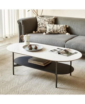 Oval Double Layer Coffee Table - Modern Center Table with Sintered Stone Top and Wood Storage Shelf for Living Room, Home Office