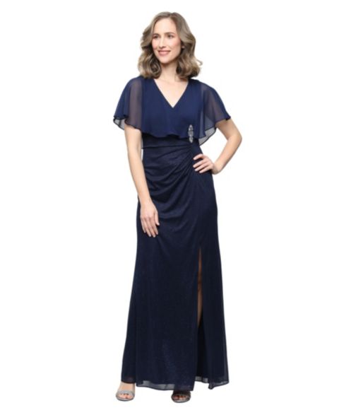 Женское платье SL Fashions V-Neck Mesh Ball Gown, цвет: Тёмно-синий