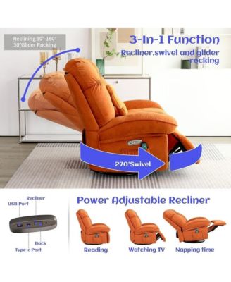 Oversized Swivel Power Recliner Chair, Modern Massage Rocker Recliner Chairs with Heated, USB-C Ports and Side Pocket
