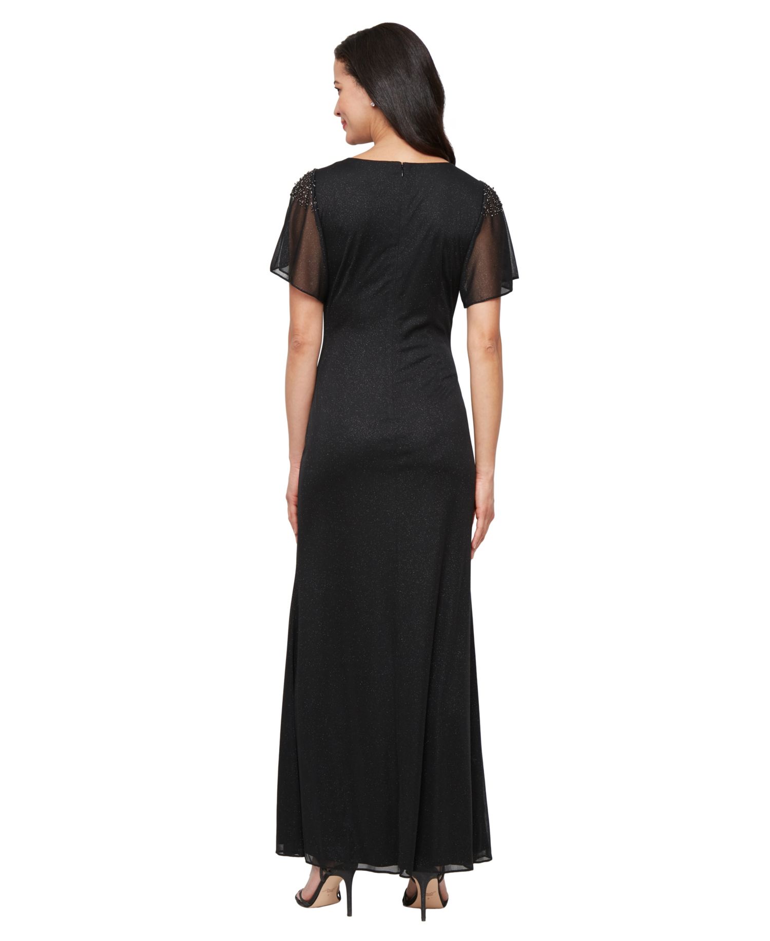 Petite Flutter-Sleeve Embellished Glitter Gown