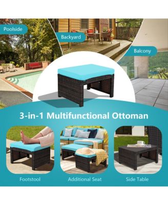 Set of 2 Rattan Ottoman Footrest Footstool Patio Furniture w/ Turquoise Cushion
