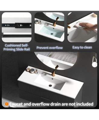 48" Modern Floating Vanity With Ceramic Sink, Black Fluted Wall-Mount Cabinet, 2 Drawers U-Shaped Cutout