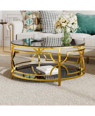 Round Tempered Glass Coffee Table, Modern 2-Tier Center Table, Luxurious Geometric Metal Frame for Living Room