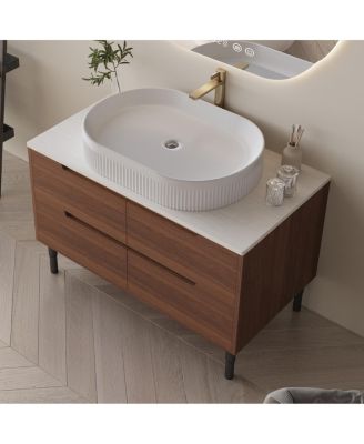 36" Bathroom Vanity with Ceramic Integrated Sink, Soft Close Drawers & Modern Storage Cabinet, Floating or Freestanding