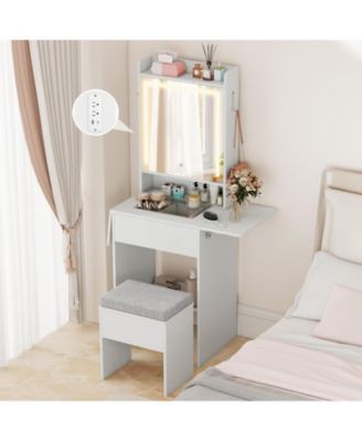 Space-Saving Vanity Desk with Mirror and Lights for Bedroom