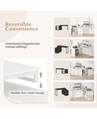 55 in Reversible L Shaped Desk with Drawers and Storage Shelf